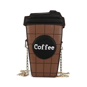 Creative coffee cup shaped crossbody bag in brown and black with gold chain strap