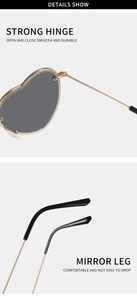 Detail of heart sunglasses showing strong metal hinges and black anti-slip temple tips