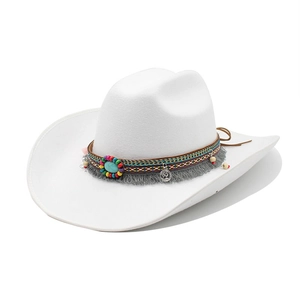 White felt fedora jazz hat with bohemian ethnic turquoise beads and tassel decoration