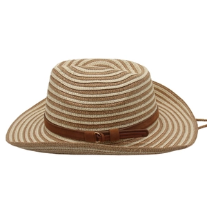 Detail of the woven straw pattern and brown suede band with metal buckle on the hat