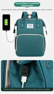 Detail des Mommy-Rucksacks mit integriertem USB-Ladeanschluss und Handy-Mockup