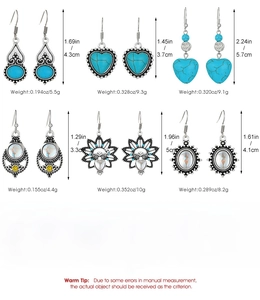 Detailed size and weight chart for turquoise heart earrings in vintage alloy styles