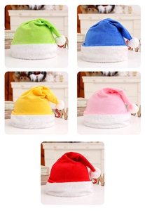 Detailed comparison of plush Christmas hats in green, blue, yellow, pink, and red colors