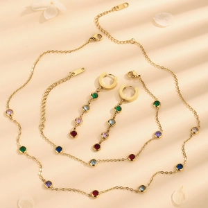 Elegant Titanium Steel Colorful Rhinestone Jewelry Set For Women Includes Necklace Bracelet And Dangle Earrings Fashion Accessories Gift