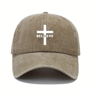 Washed cotton baseball cap in khaki brown with BELIEVE cross print and curved brim