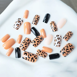 Classic khaki and black leopard print press-on nails in medium square and coffin shapes