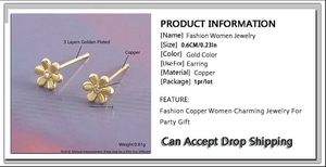 Macro detail of gold plated flower stud earring with cubic zirconia and size dimensions