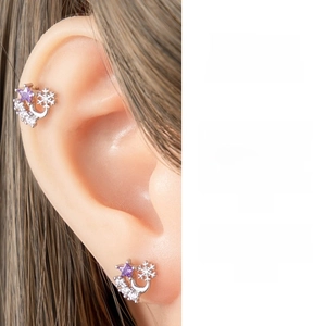 Detail of silver screw back stud earrings with zircon snowflake and purple star