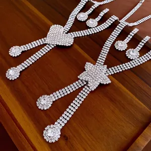 Heart Star Rhinestone Necklace Earring Jewelry For Women Copper Luxury Statement Tassel Accessories Banquet Party Silver Color