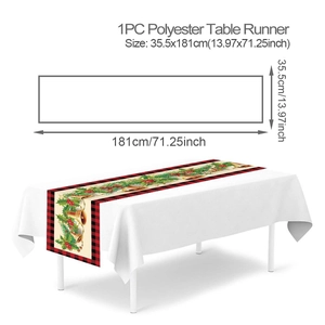 Christmas table runner with holly bells and red black plaid border detail 35.5x181cm