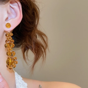 Close-up of amber crystal beaded tassel earrings worn by a model in warm natural light