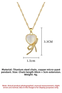 Detailed specs of bow heart necklace with titanium steel chain and zircon inlay