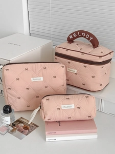 Quilted Cotton Cosmetic Bag Bow Embroidery Portable Toiletry Pouch Cute Aesthetic Travel Makeup Organizer For Women