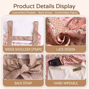 Floral cotton apron with adjustable straps, hand-wiping pockets and lace details