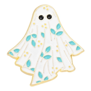 Pin's d'Halloween fantôme en émail blanc avec motifs de feuilles bleues et pois jaunes