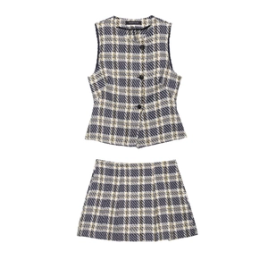 Gilet Sans Manches En Tweed À Carreaux Et Jupe-Culotte Assortie Tenue Femme Style Urbain Élégant Marine Blanc Jaune