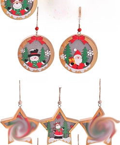 Detail of wooden Christmas LED ornaments featuring Santa Claus, reindeer and snowman designs
