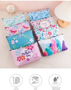 Close-up of waterproof PU cosmetic bags with diverse patterns and easy-clean texture