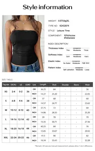 Detailed size chart for Y2K sexy rib knit lace tube top in XS to XXL with CM and inch units