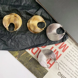 Vintage Brass Gold Plated Geometric Irregular Fan Earrings Textured Layered Pleated Statement For Women With Silver Earring Post