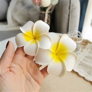 Detailed close-up of realistic plumeria flower clips with soft white and yellow petals