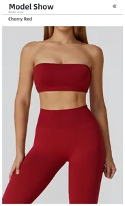 Detail of cherry red seamless yoga set with ribbed waistband and tube top for women