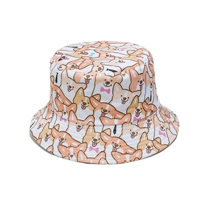 Cute white bucket hat for women with all-over cartoon corgi dog prints on cotton fabric