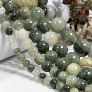 Polished natural green grass stone beads in various sizes for DIY jewelry bracelets