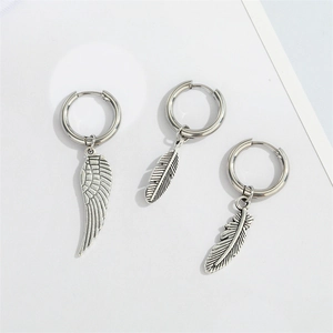 Vintage Punk Stainless Steel Feather Wing Hoop Drop Earring For Men Women Retro Gothic Style Single Earring Jewelry Gift