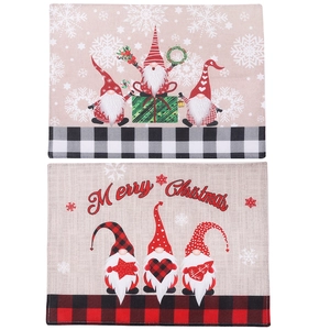 Christmas burlap table mats featuring gnome designs and Merry Christmas plaid borders