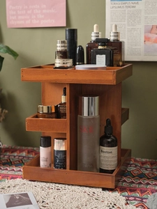 Retro wooden 360-degree rotating vanity organizer for skincare bottles and perfumes