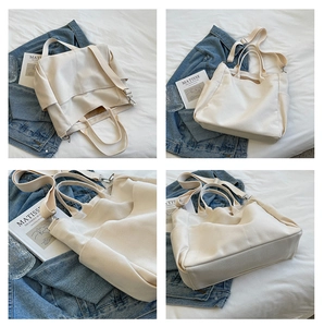 Detailed views of creamy canvas tote bag with adjustable strap and side pockets