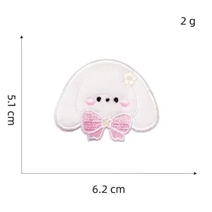 Cute white plush rabbit embroidery patch with pink bow and flower decoration