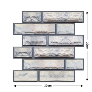 Close-up of 3D stone texture wallpaper showing 30x30cm dimensions and grey brick pattern