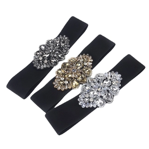 Set of 3 elastic waist belts for dresses with crystal rhinestone flower decorations