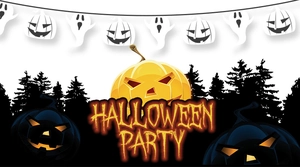 Macro shot of Halloween party hanging banner with ghost pumpkin patterns and party text