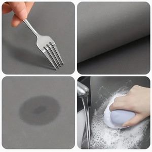Detail showing scratch resistance, fast water absorption, and easy cleaning of bath mat