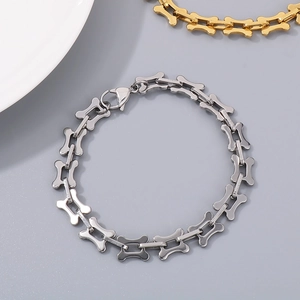 Detailed view of silver H-shaped bone link chain necklace in polished stainless steel
