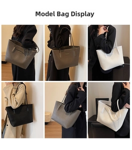 Detailed views of woven tote bags in three colors showing on-shoulder fit on models