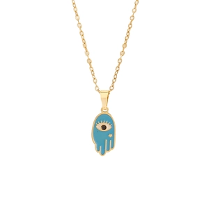 Gold Hamsa Hand necklace with blue enamel Evil Eye and star charm on white background
