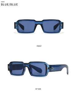 Detail view of rectangular blue sunglasses with golden diamond accents at the hinges