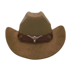 Detail of western brown cowboy hat featuring silver bull head metal buckle and leather strap