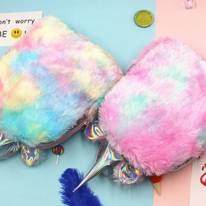 Unicorn plush backpack with colorful gradient fur and shiny laser material accents
