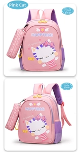 Detailed view of pink cartoon cat backpack with matching pouch and yellow zippers