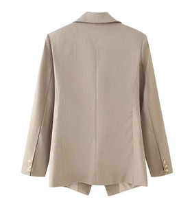 Back view of slim fit khaki blazer featuring gold buttons on cuffs and center seam detail