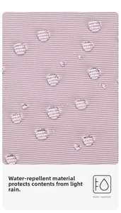 Detail of water-resistant oxford fabric showing beads of water on the light purple surface