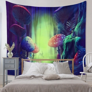 Detail of enchanted forest tapestry showing vibrant fluorescent mushrooms and glowing forest path