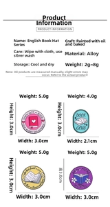 Detailed size and material specs for colorful alloy book enamel pins with quotes