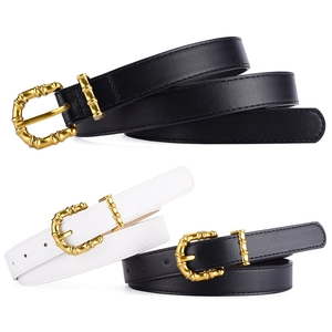 Women's Retro PU Leather Belt With Golden Bamboo Design Alloy Pin Buckle For Dress Jeans Fashion Adjustable Waist Strap