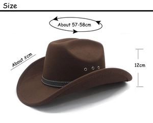 Detailed size specifications for brown felt western cowboy hat with leather band decor